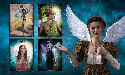 Darstellung eines Engeltarots mit einer weiblichen Engelsfigur, umgeben von verschiedenen Tarotkarten.