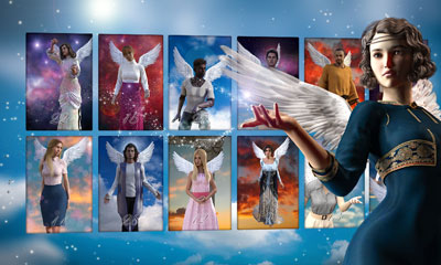 Engel präsentiert Engelkarten, Symbol für Engelsbotschaften in Liebe und Leben.