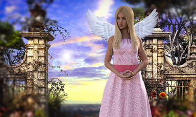 Inmitten eines idyllischen Gartens steht ein blonder Engel vor einer alten Steinsäule und bietet eine Tageskarte an.