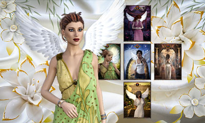 Engel mit Tarotkarten und Blumen, repräsentiert Beziehungshilfe durch Tarot.