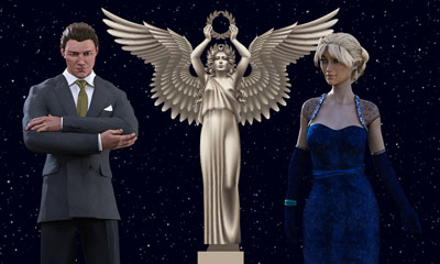 Eine Frau, ein Mann und eine Statue eines Engels unter Sternen als Zeichen für Erfolg.