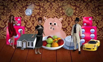 Eine Collage mit einem Glücksschwein, Spielwürfeln und verschiedenen Glückssymbolen als Symbol für das Wahrsagespiel der Wünsche.