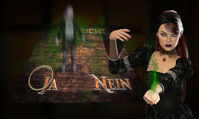 Eine Frau in einem Gothic-Kostüm vor einem Hexenbrett, das mit den Worten 'Ja' und 'Nein' beschriftet ist, stellt eine Sitzung dar, in der das Hexenbrett befragt wird.