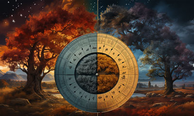  Bild eines Horoskops fÃ¼r das Jahr 2024 mit einem astrologischen Rad Ã¼ber verschiedenen Landschaften.