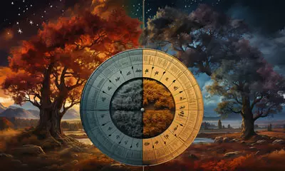  Bild eines Horoskops für das Jahr 2024 mit einem astrologischen Rad über verschiedenen Landschaften.