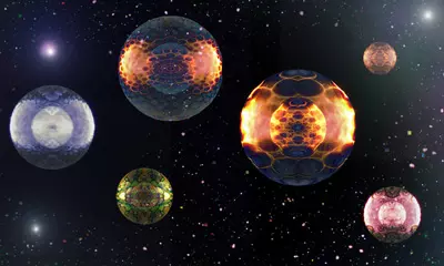 Weltraumkulisse mit Planeten, die ein kosmisches Kaleidoskop bilden.