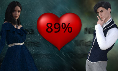 Mann und Frau gegenübergestellt mit rotem Herz und Prozentzeichen als Teil eines Liebestests.