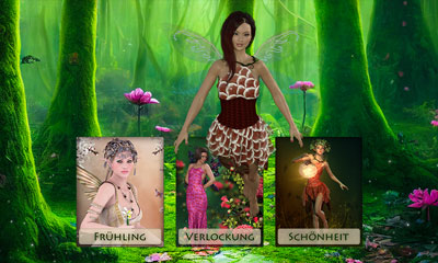 Darstellung einer Liebesfee mit Flügeln in einem Zauberwald, umgeben von Feenkarten zum Thema Frühling und Schönheit.