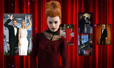 Ein Liebestarot-Szenario mit einer elegant gekleideten Dame vor einem roten Vorhang und mehreren Tarotkarten.