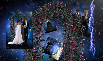 Ein Paar tanzt unter einem Rosenbogen im Raum, umgeben von romantischen Szenen und Blitzschlägen, symbolisiert durch Karten für den wunderbaren Liebestraum.