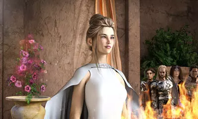 Priesterin vor brennendem Feuer, Symbol des Orakels von Delphi