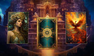 Orakelkarten mit einer mystischen Frau und einem Phönix