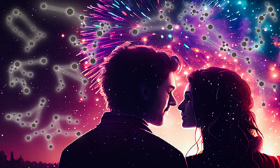 Silhouette eines Paares vor einem Feuerwerk mit Sternbildern, die auf astrologische Einflüsse in der Liebe deuten.
