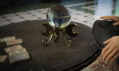 Elian, der Wahrsager, schaut in eine Kristallkugel, die auf einem Tisch steht.