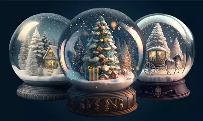 Drei Schneekugeln mit idyllischen Weihnachtsszenen als Teil eines Orakels mit weihnachtlichen Prophezeiungen
