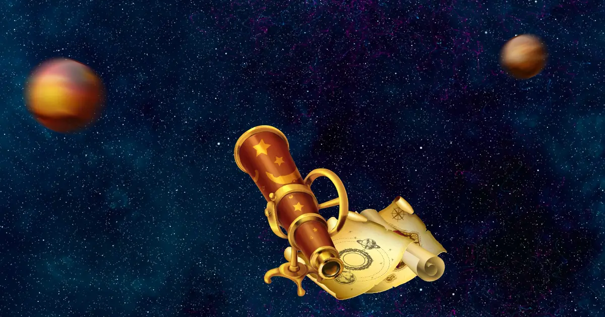 Ein altmodisches Teleskop mit goldenen Sternen darauf und eine zusammengerollte Karte mit astronomischen Symbolen, die im Raum schweben. Im Hintergrund sind ein Sternenhimmel und einige verschwommene Planeten zu sehen.