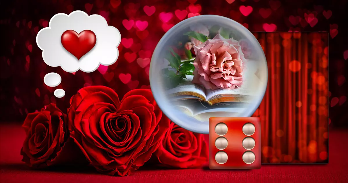 Kristallkugel und rote Rosen mit einem Herz aus Gedankenblasen für eine Legung, um herauszufinden, ob jemand an dich denkt.