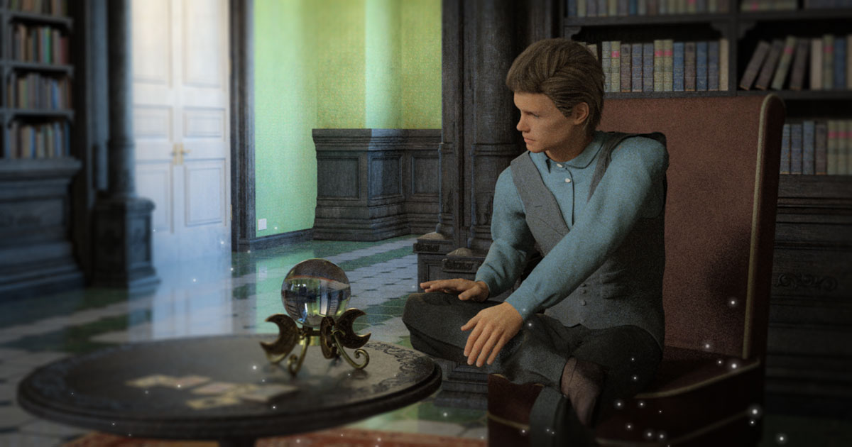 Elian, der Wahrsager, schaut in eine Kristallkugel, die auf einem Tisch steht.