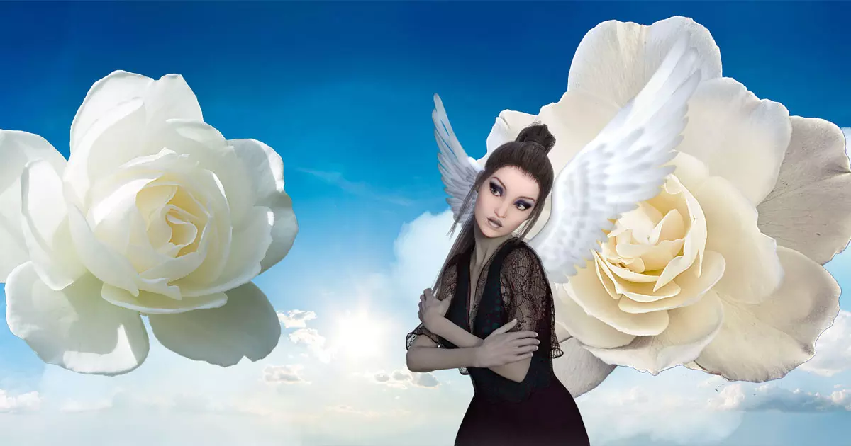 Ein Engel umgeben von weißen Blumen.