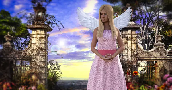 Inmitten eines idyllischen Gartens steht ein blonder Engel vor einer alten Steinsäule und bietet eine Tageskarte an.