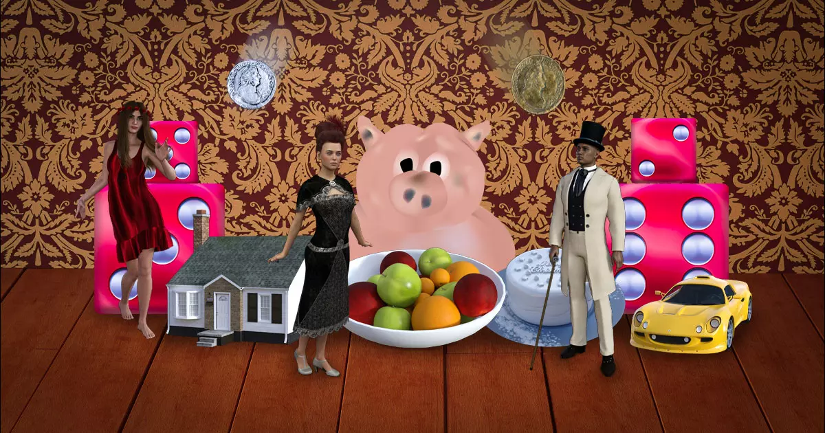 ZEine Collage mit einem Glücksschwein, Spielwürfeln und verschiedenen Glückssymbolen als Symbol für das Wahrsagespiel der Wünsche.