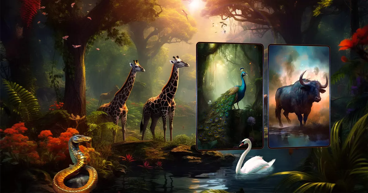 Zwei  Krafttierkarten in einem Dschungel: Die erste Karte zeigt einen prächtigen Pfau auf einer Waldlichtung, die zweite einen kräftigen Büffel im Nebel. Im Vordergrund sind eine aufgerichtete Schlange und eine Giraffenfamilie, im Hintergrund schwebende Blätter und ein eleganter Schwan  auf dem Wasser.