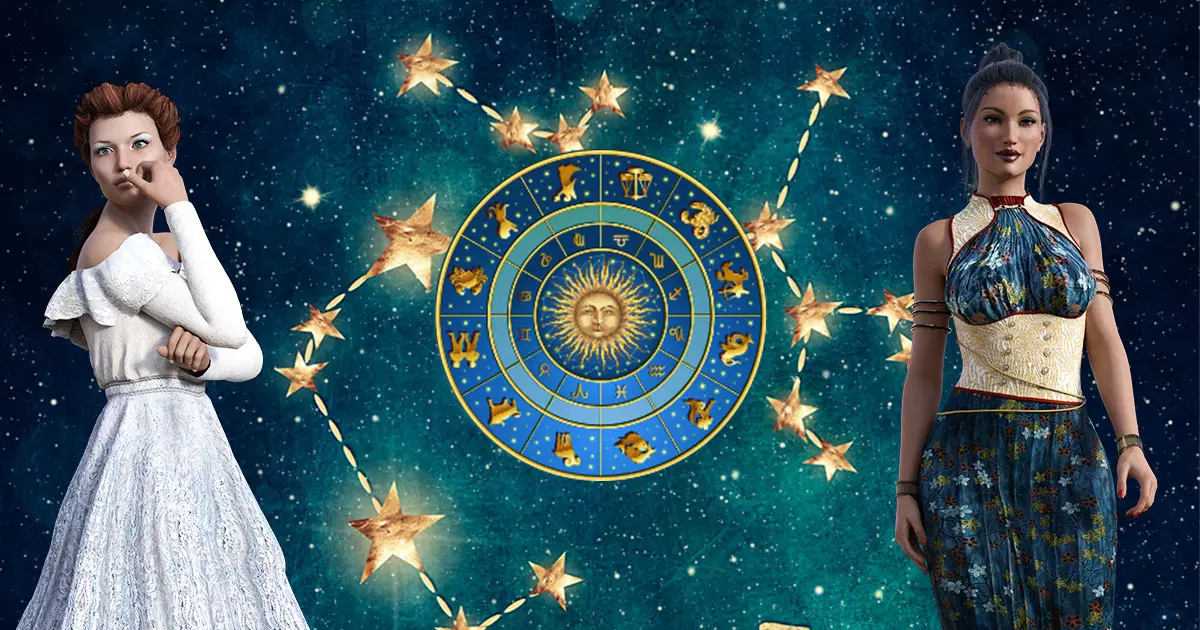 Zwei Frauen vor einem astrologischen Rad im Hintergrund stellen ein Horoskoporakel dar.