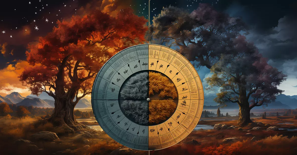 Ein astrologisches Rad liegt über verschiedenen Landschaften, die die Jahreszeiten repräsentieren.
