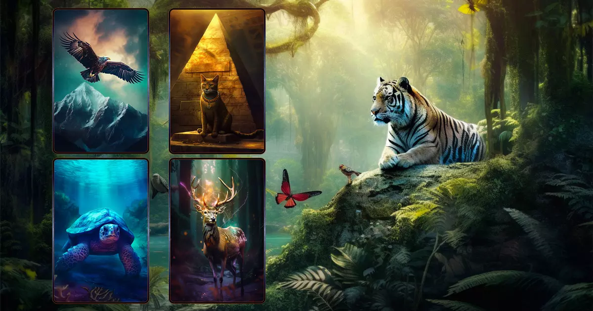 Sammlung von Krafttierkarten mit verschiedenen Tieren und Symbolen, die für spirituelle Weisheit und Führung stehen.