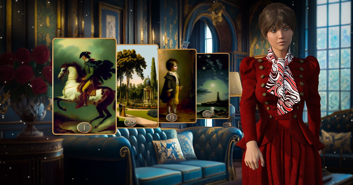 Vor dem Hintergrund eines eleganten Zimmers ist ein Lenormand-Kartenspiel abgebildet.