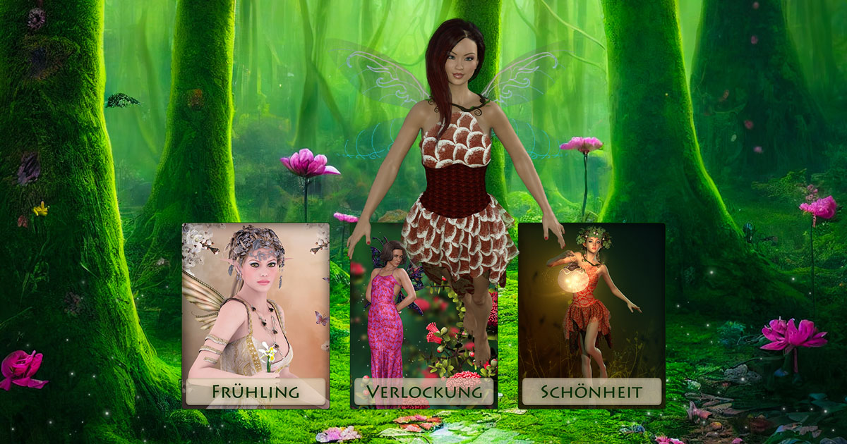 Darstellung einer Liebesfee mit Flügeln in einem Zauberwald, umgeben von Feenkarten zum Thema Frühling und Schönheit.