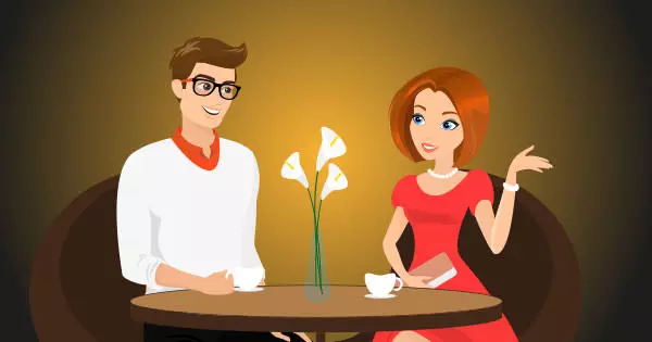 Illustration eines Paares an einem Tisch im Gespräch.