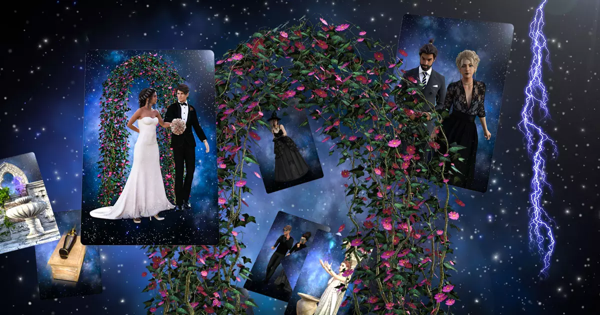 Ein Paar tanzt unter einem Rosenbogen im Raum, umgeben von romantischen Szenen und Blitzschlägen, symbolisiert durch Karten für den wunderbaren Liebestraum.