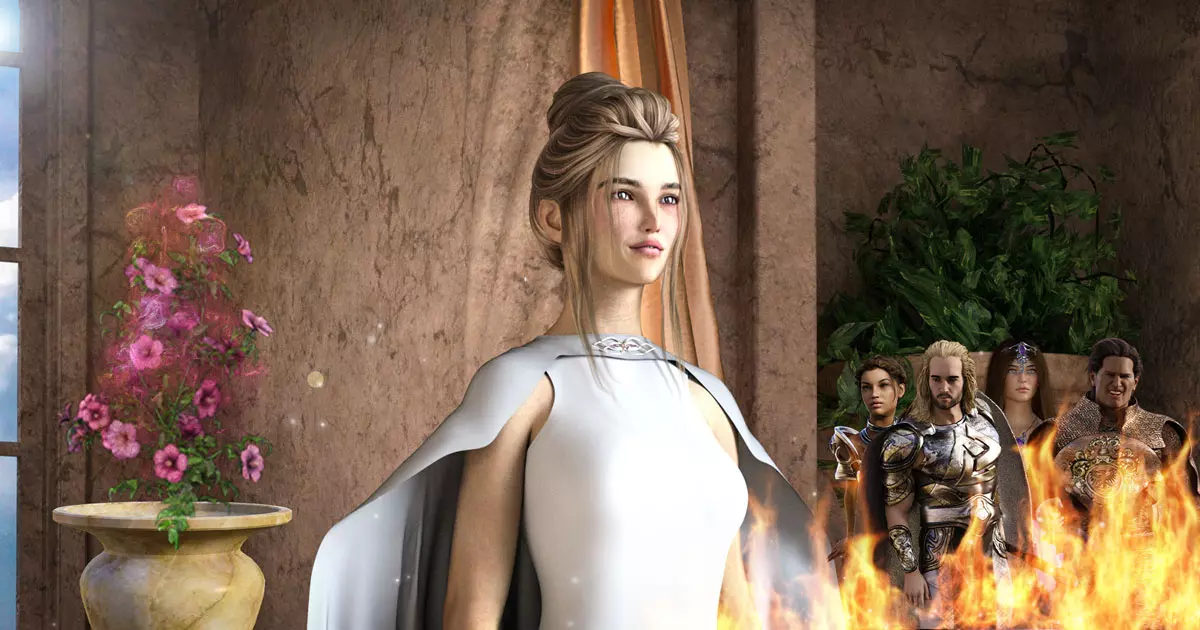 Priesterin vor brennendem Feuer, Symbol des Orakels von Delphi
