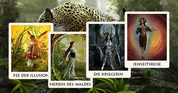 Das Bild zeigt 4 Karten. Die Fee der Illusion, die Herrin des Waldes, die Kriegerin und die Karte Jenseitsreise.