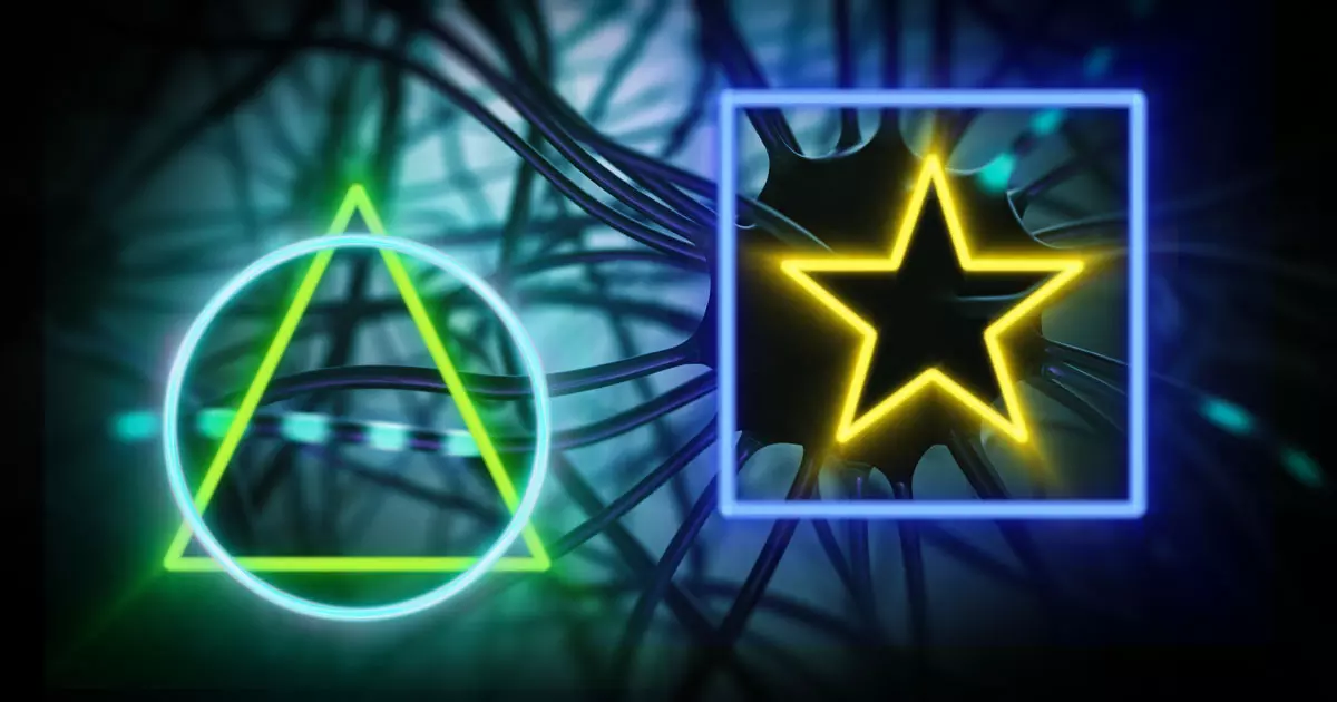 Grafische Elemente mit einem leuchtend grünen Dreieck und blauen Kreis auf der linken Seite und einem leuchtend gelben Stern in einem blauen Quadrat auf der rechten Seite, beide vor einem verschwommenen Hintergrund mit dunklen Linien.