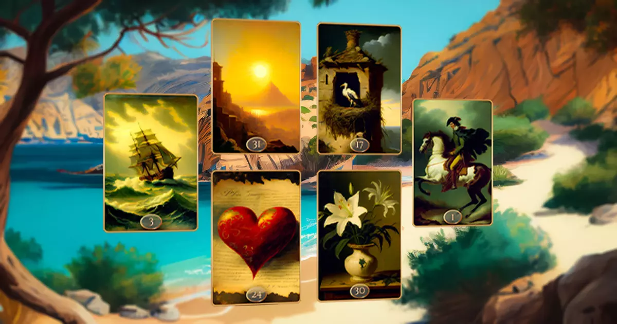 Sammlung von sechs Karten mit unterschiedlichen Illustrationen vor einem lebendigen Hintergrund, der einen Strand, das Meer und Felsformationen unter einem klaren Himmel zeigt.