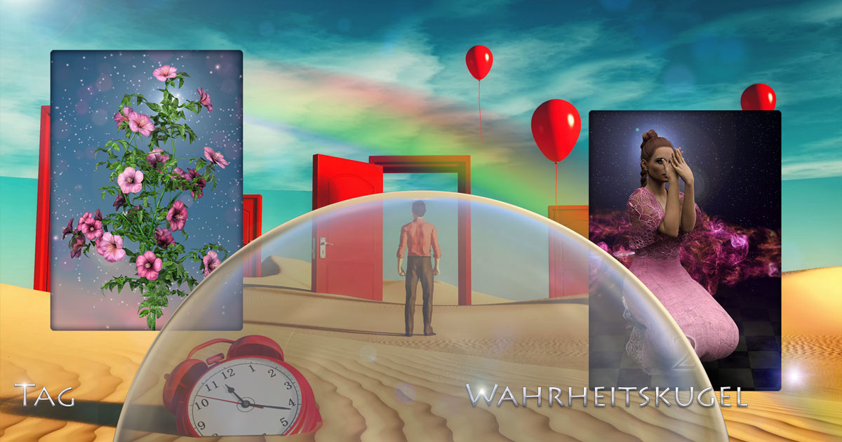 Uhr, Sonne, rote Luftballons und ein Mann in der Wüste -  Für den Tag