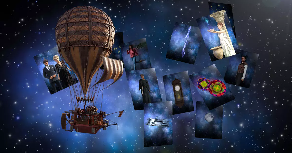 Das Bild zeigt einen Heißluftballon, der im Vordergrund schwebt, umgeben von einer Reihe schwebender Karten mit unterschiedlichen Motiven vor einem nächtlichen Sternenhimmel. 