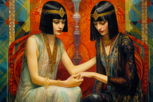 zwei Frauen beim Handlesen in Art Deco Kleidung