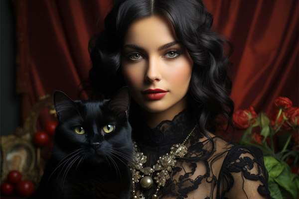 attraktive Hexe mit schwarzem Haar und schwarzer Katze