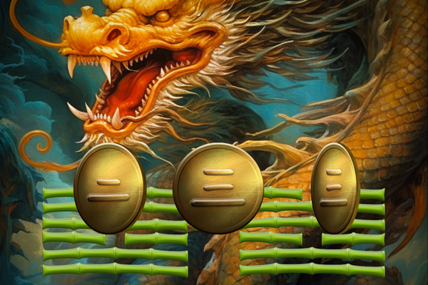 zwei Hexagramme des I-Ging und drei Münzen vor einer chinesischen Drachenmalerei
