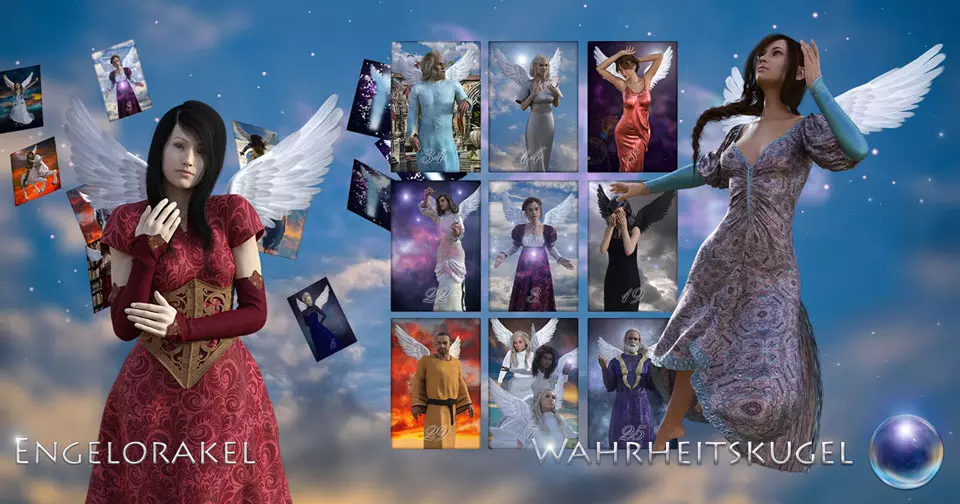 Engel vor dem Hintergrund von Engelkarten, stellt das große Engelorakel für Legungen dar.