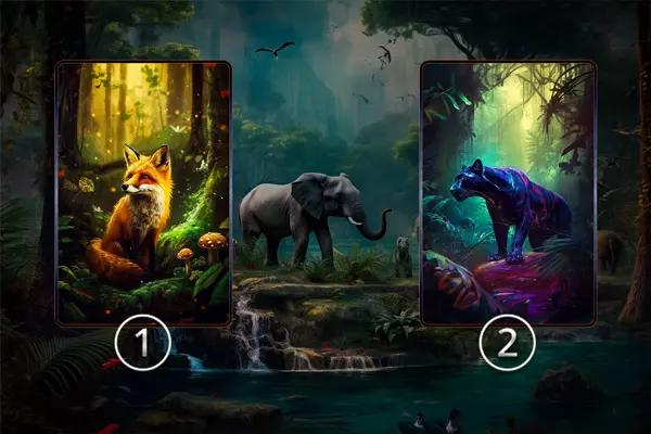 Zwei  Krafttierkarten in einem Dschungelsetting; die 1.Karte mit einem Fuchs neben Pilzen und die 2. Karten mit einem leuchtenden blauen Panther auf einem Ast