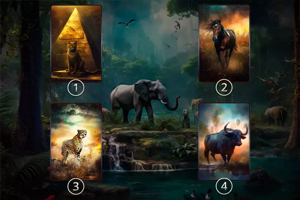 Vier nummerierte Krafttierkarten in einer Dschungelkulisse: Karte 1 zeigt eine Katze vor einer Pyramide, 2 ein galoppierendes Pferd, 3 einen Geparden auf einer Wiese und 4 einen Büffel im Nebel.