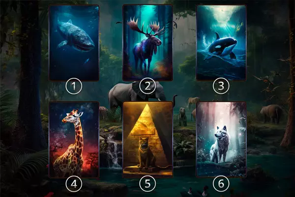 Sechs nummerierte Krafttierkarten: 1 zeigt einen Wal im Ozean, 2 einen Elch im Wald, 3 einen springenden Delfin, 4 eine Giraffe vor einem Sternenhimmel, 5 eine Katze vor einer Pyramide, und 6 einen Wolf im Nebel.