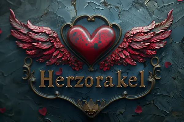 Ein kunstvoll gestaltetes Emblem mit einem roten Herz umgeben von goldenen, roten Flügeln.