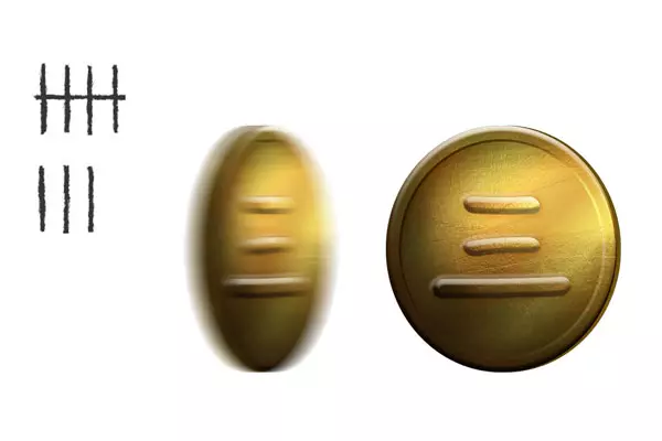 zwei goldfarbene Münzen, von denen eine in Bewegung ist und die andere still steht, sowie eine Gruppe von Strichen in der traditionellen Form der Strichmännchen-Zählung.