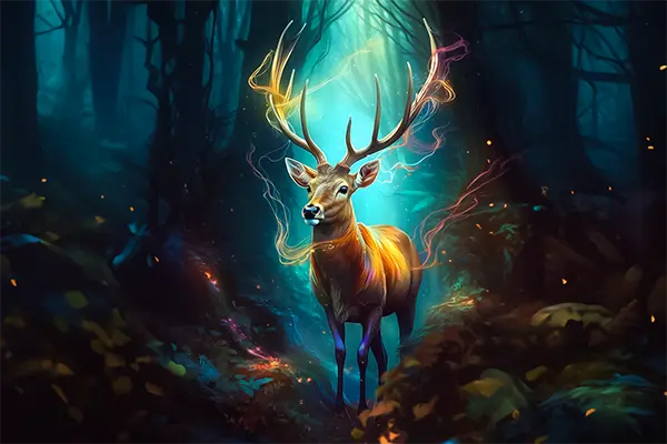 Ein von Magie umgebener Hirsch im Wald