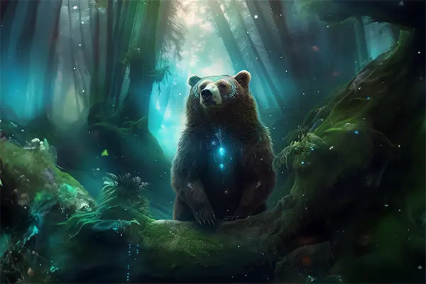 Ein Bär hinter umgefallenen Baum mit seiner Magie im Wald